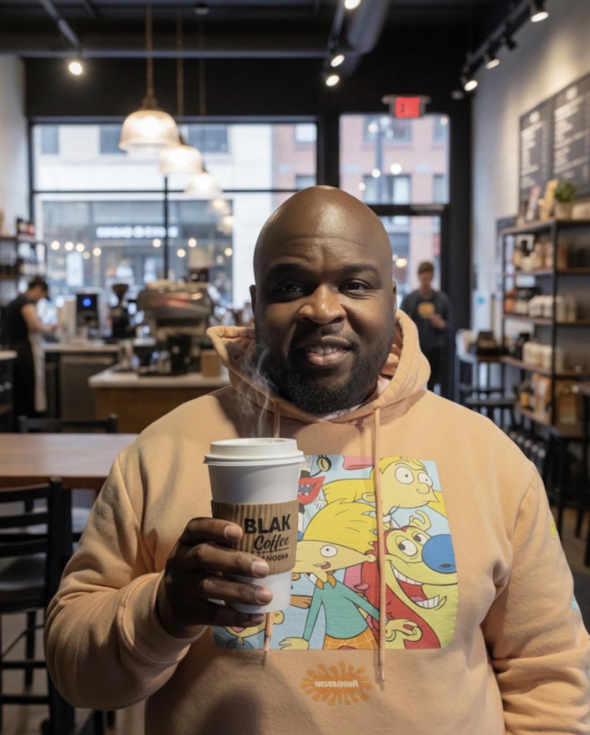 A smiling BLAK Coffee guest holding a hot coffee